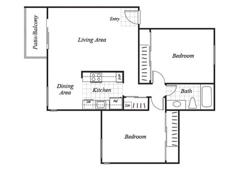 Floor plan for 2 beds, 1 bath, 840 sqft